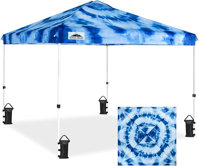 EAGLE PEAK Pop Up Canopy Tent with Wheeled Carry Bag, 8 Stakes, 4 Ropes, 4 Weight Bags, Easy Set Up Tent Canopy, 10x10 ft, 100sqft of Shade, Tie Dye Blue