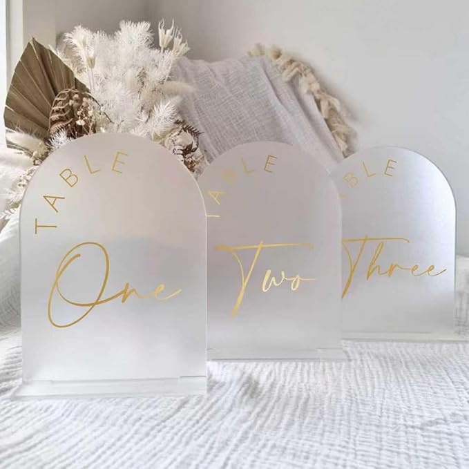 JINMURY Frosted Arch Wedding Table Numbers 1-10 with Stands, 5x7 Inch Acrylic Arch Sign with Golden Lettering, Frosted and Gold Table Numbers for Wedding Reception