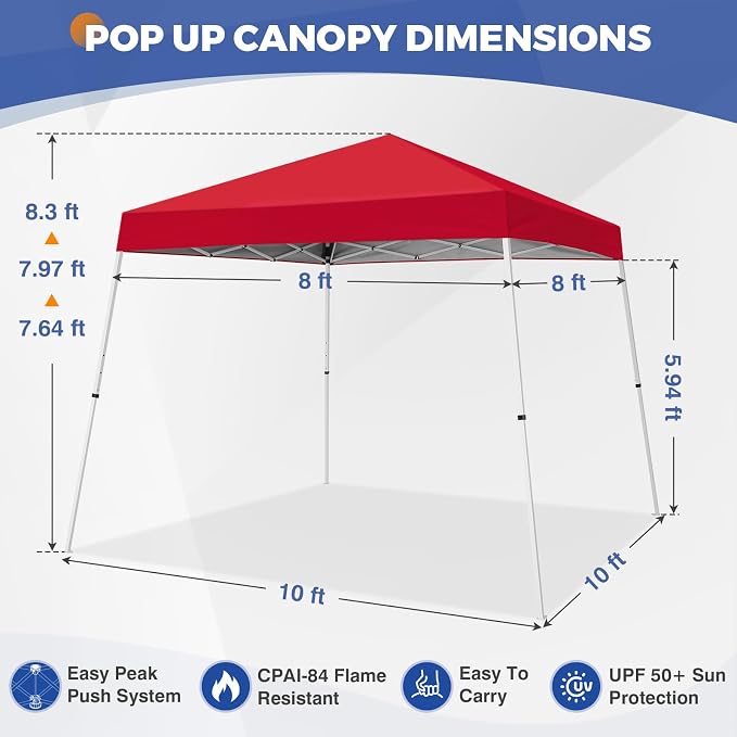 COOS BAY 10x10 Pop Up Canopy Tent, Portable Outdoor Shelter with Carry Bag for Tailgate, Party, Beach, Picnic, and Camping, 10x10 Base 8x8 Top, Red