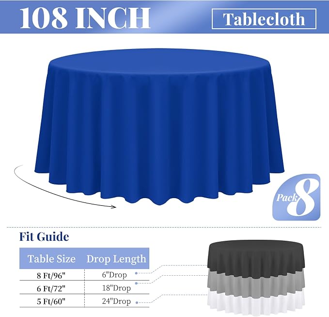 fani 8 Pack 108 Inch Round Tablecloth, Royal Blue Polyester Fabric Table Cloth for Round Table, Stain and Wrinkle Washable Table Cover for Wedding Party Dining Table Banquet Restaurant and Camping