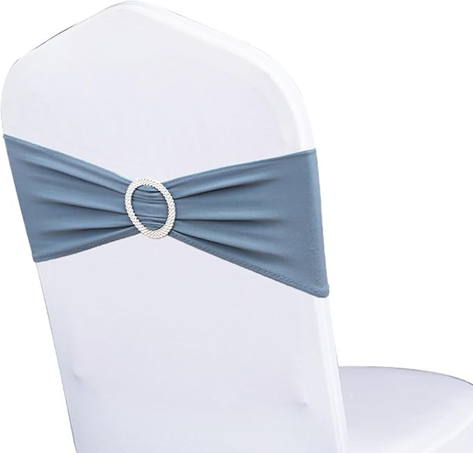 Spandex Dusty Blue Chair Sashes 100 Pack for Wedding Party Decorations, Elastic Chair Bands Bows for Party, Without White Chair Covers (Dusty Blue)