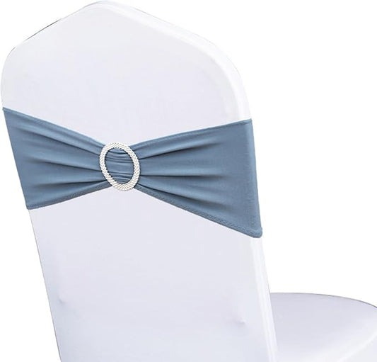 Spandex Dusty Blue Chair Sashes 100 Pack for Wedding Party Decorations, Elastic Chair Bands Bows for Party, Without White Chair Covers (Dusty Blue)