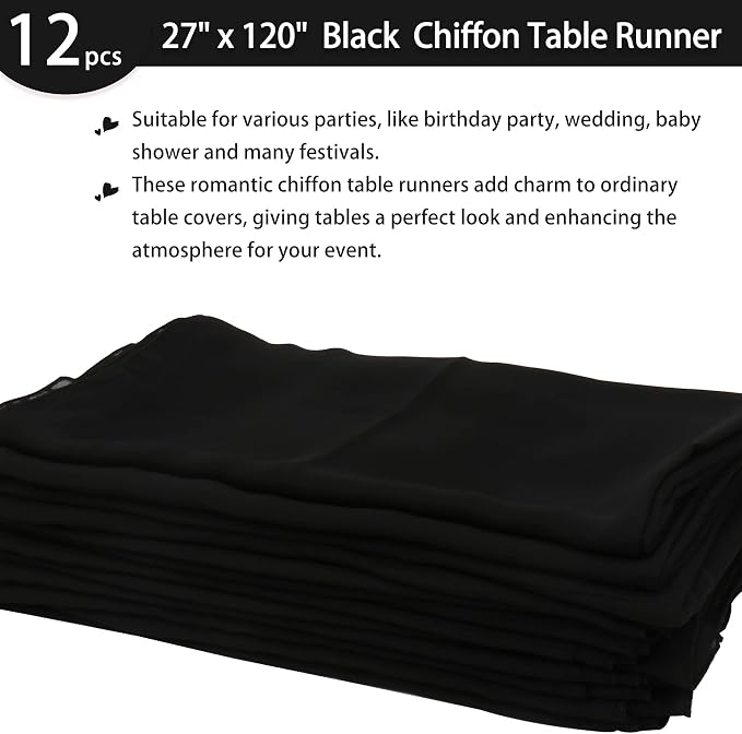 Fivenl 12 Packs Black Halloween Table Runner 10Ft Chiffon Table Runner 27x120 Inches Boho Rustic Sheer Table Runner for Halloween Birthday Party Wedding Bridal Baby Shower Table Decoration
