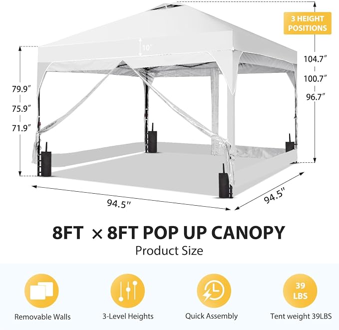 8x8 FT 1-Button Push Pop Up Canopy with 4 Clear PVC Sidewalls, Sandbags, Instant Canopy Tent for Outdoor Events