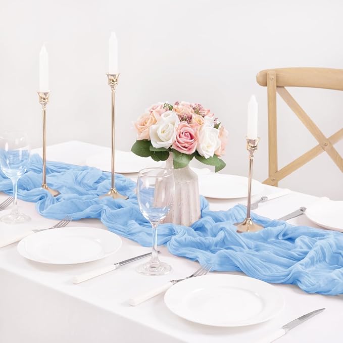 MLMC Light Blue Table Runner Baby Blue Cheesecloth Table Runner 10ft Baby Shower Decorations Rustic Gauze Cheese Cloth Centerpiece 35x120 Inches for Gender Reveal Birthday Party Wedding Decor