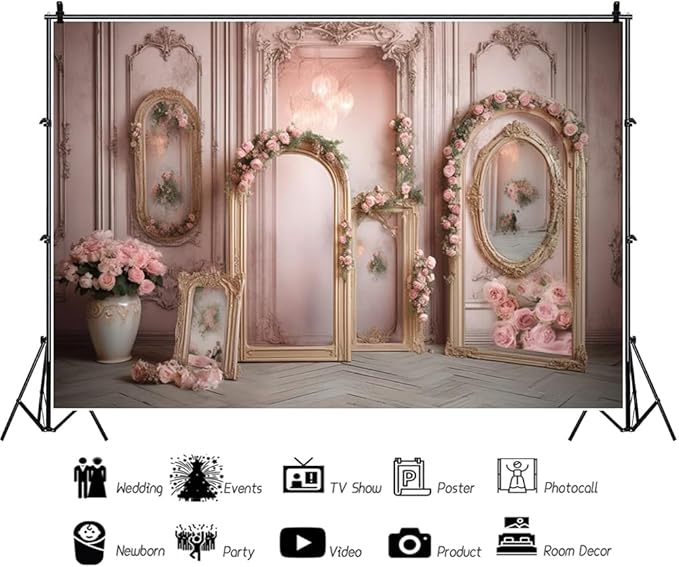 YongFoto European Retro Elegant Room Interior Wall Backdrop 5x3ft French Arched Oil Painting Frame Floral Vase Garland Photography Background Wedding Party Home Art Decor Portrait Photoshoot Props
