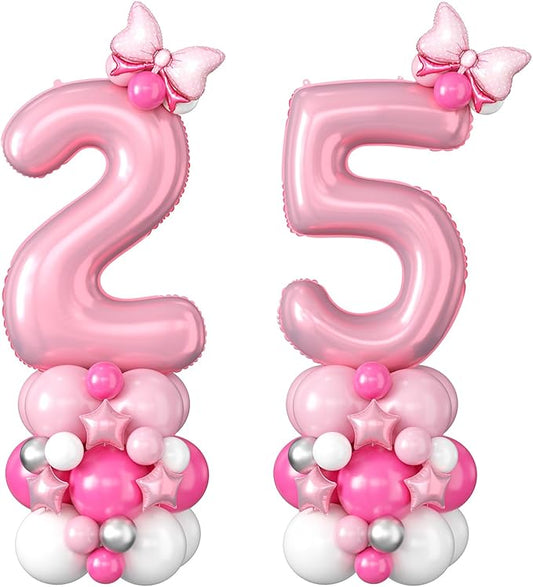 Pink Number 25 Balloons 40 Inch Pastel Pink 25th Birthday Party Decorations Baby Hot Pink White Number 52 Foil Balloon Tower with Bows Giant Large Digit Helium Balloon for Girls Women 52nd Anniversary