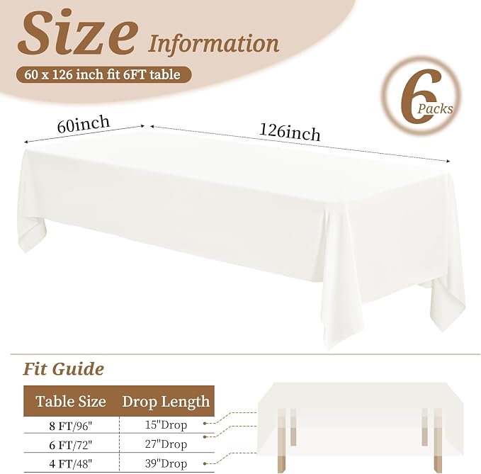 6 Pack Tablecloth 60 x 126 inch Polyester Table Cloth for 6 Foot Rectangle Tables,Stain and Wrinkle Resistant Washable Fabric Table Covers Polyester Ivory Table Clothes for Wedding,Party,Banquet