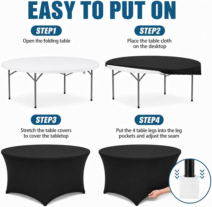Round Table Covers - 6 Pack 60x30 Inch Table Cloth - Black Fitted Stretch Spandex Round Tablecloth for Party, Wedding, Birthday, Hotel, Banquet