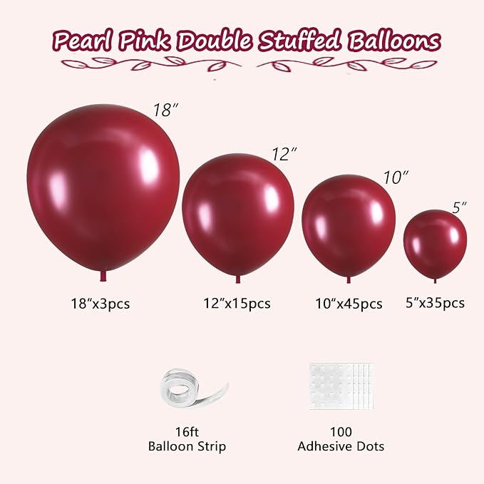 Burgundy Balloons, 98PCS Double Stuffed Maroon Balloon Garland Arch Kit, 18/12/10/5 Inch Different Sizes for Birthday Mother Day Baby Shower Wedding Party Decorations.