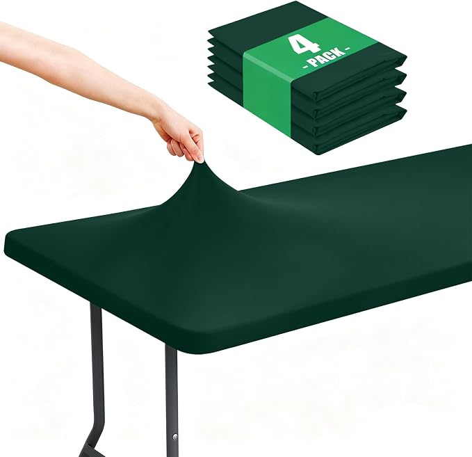 Moosfor Spandex 5 Foot Rectangle Table Cloth 4 Pack, Elastic Fitted Tablecloths for Picnic, Stretch Washable Patio Table Cover for Outdoor, Camping, Banquet and Parties (Hunter Green, 30"x60")