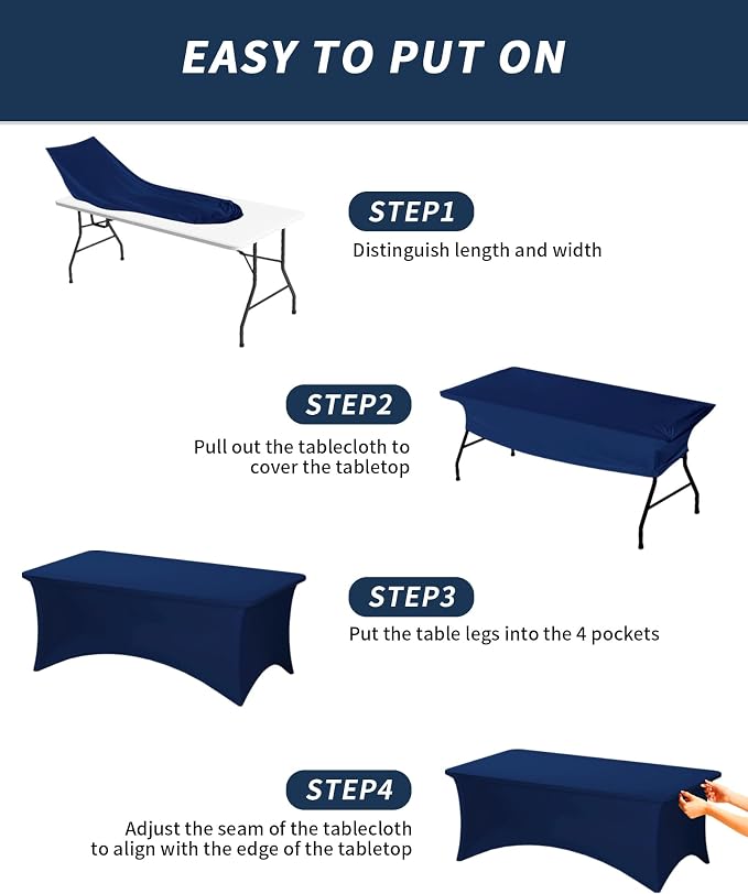 Fixwal 3 Pack Navy Blue Tablecloth Rectangle 8Ft, Stretch Spandex Fitted Table Cover for Party, Trade Show, Wedding, Buffet, Graduation, Vendor Stand