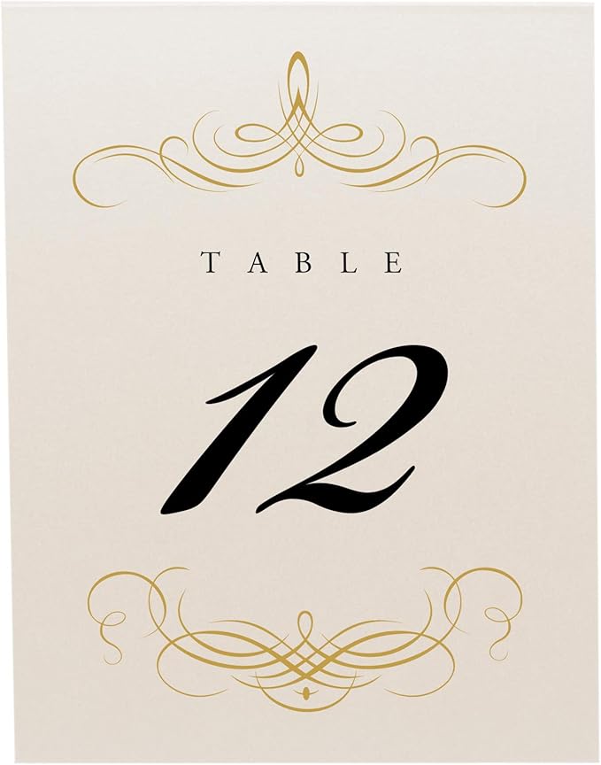 Decadent Flourish Wedding Table Numbers (Select Color/Quantity), Champagne, Gold, 1-45, Double Sided, Tent or Use in a Stand, Great for Parties & Restaurants - Made in the USA