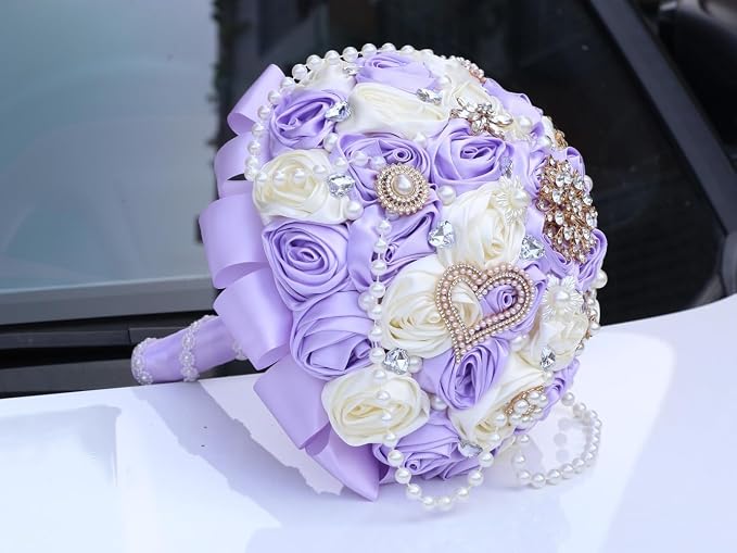 Cascade Bridal Wedding Bouquet with Rhinestone Brooch Pearl String Bouquet for Bride Bridesmaid Quinceanera Satin Rose Flower Bouquet Wedding Lilac Light Purple and Ivory 6.3in