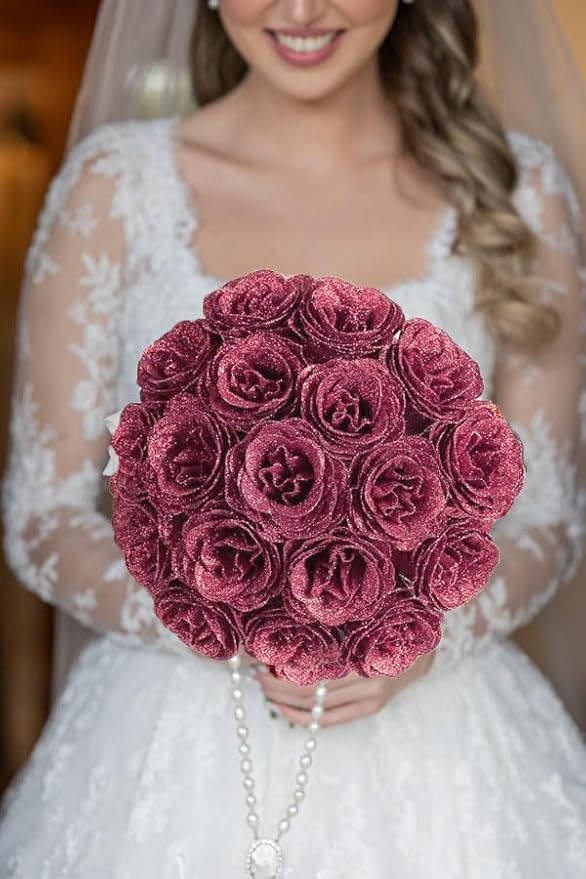 Rose Gold Flowers, 30PCS Glitter Roses Bouquet Artificial Roses with Stems for Crafts Wedding Bouquet Party Home Decor(Rose Gold)