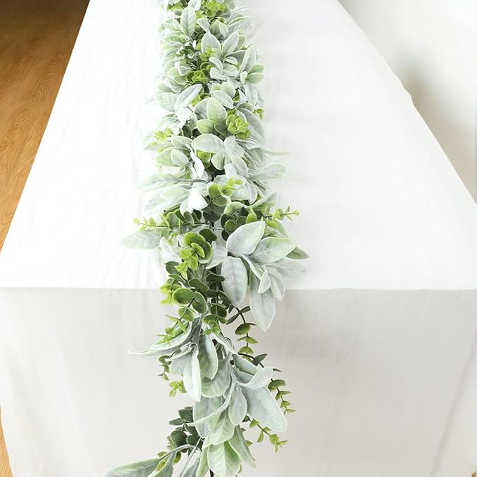 2 pcs Spring Garland 6Ft Artificial Eucalyptus and Lambs Ear Greenery Garland Flower Spring Summer Green Garlands Vines for Home Wedding Table Mantel Decoration