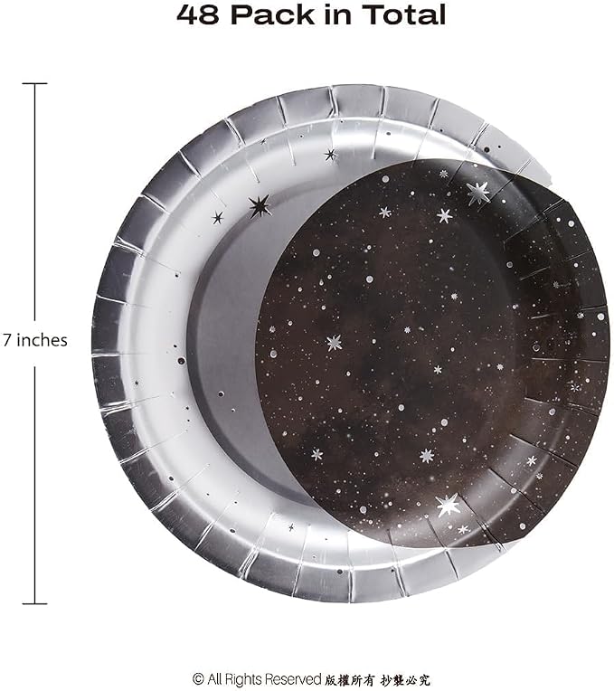 Cheerland Silver Moon Plates for Galaxy Theme Party Tableware Set Starry Night Outer Space Birthday Party Table Decorations Twinkle Twinkle Little Stars (48, Silver)