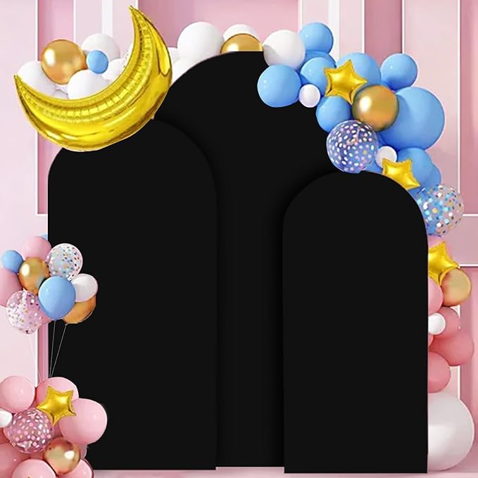 FANPROMS Spandex Arch Backdrop Cover Set of 3 Black Wedding Arch Stand Cover 5FT 6FT 7FT for Arched Frame Decor 2 Sided Arch Stand Covers Backdrop Fabric Round Top Arched Covers for Wedding Ceremony