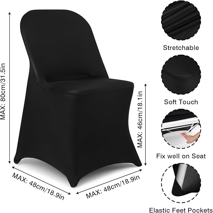 Fixwal 12 Pcs Black Folding Chair Cover, Spandex Stretch Covers Ideal for Wedding, Party, Dining, Business Meeting, Banquet, Universal Fitted Washable Slipcover