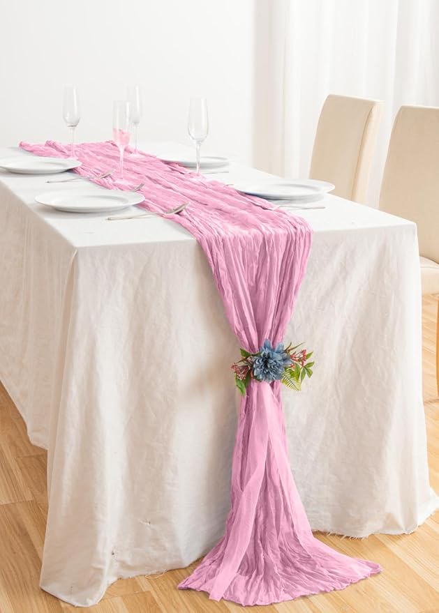 8 Pack 10Ft Table Runner 35x120 inch Pink Boho Gauze Table Cheese Cloth Long Wrinkled Sheer Table Runner for Wedding Bridal Shower Birthday Party Table Decor