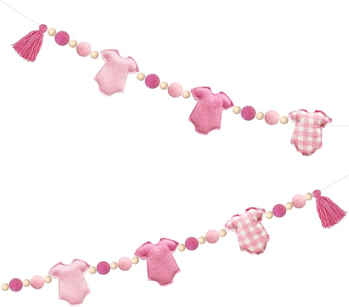 Pink Plaid Baby Clothes Decorations Pre-Strung Handmade Felt Baby Clothes Wool Felt Ball Wooden Bead Banner Garland for It's a Girl Sweet Baby Girl Baby Shower Party Nursery Home Fireplace Wall Decor