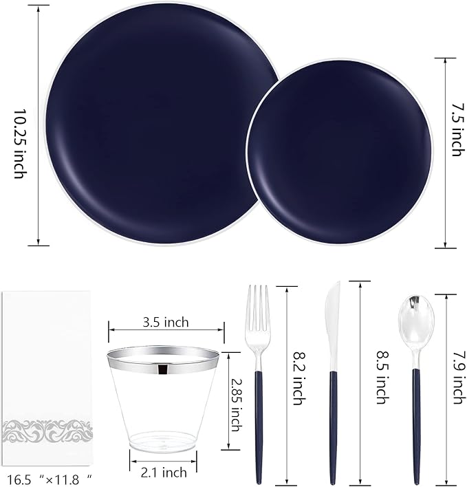 KIRE 175Pcs Blue Plastic Plates with Silver Rim & Disposable Silverware with Blue Handle & Silver-rim Cups & Hand Napkin & Plastic Dinnerware for Parties/Wedding/4th of July