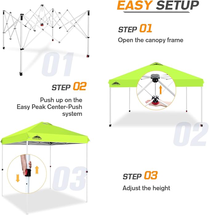 EAGLE PEAK Pop Up Canopy Tent with Wheeled Carry Bag, 8 Stakes, 4 Ropes, Easy Set Up Tent Canopy, 6.6x6.6 ft, Neon Green