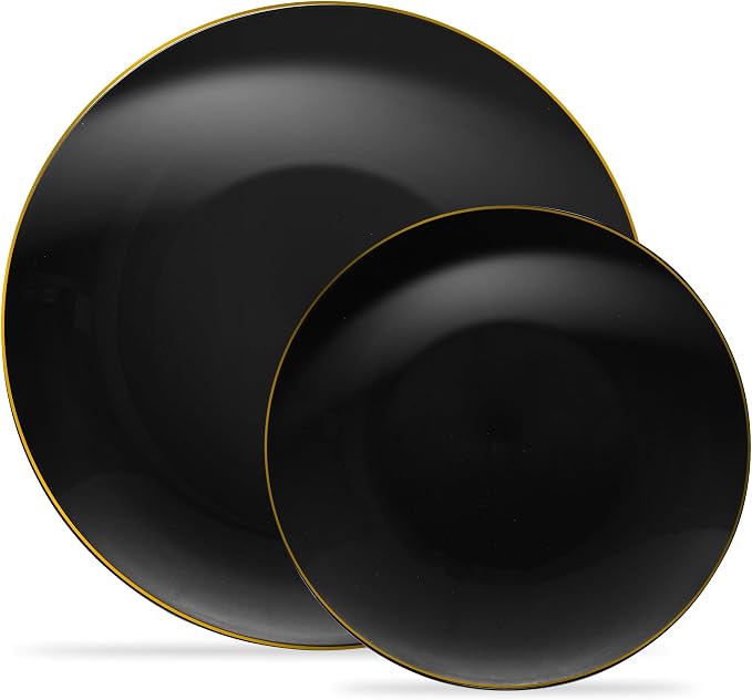 PLASTICPRO 64 Piece Combo Plate Set includes 32-7'' inch & 32-10'' inch Dinner Plates Black Plastic With Gold Rim Design Party Plates, Premium heavyweight Elegant, Disposable Plastic Construction