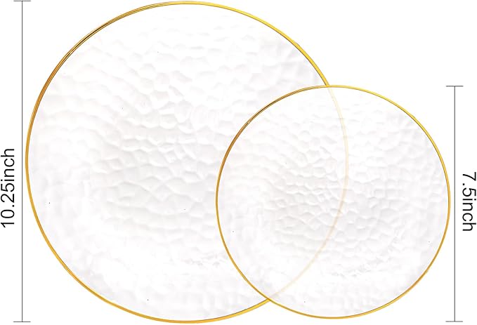 Rubtlamp 100Pcs Clear Gold Plastic Plates, Disposable Plates With Gold Rim, Heavy-duty Party Platos, Hammered Plastic Plates Include 50 Clear Dessert Plates, 50 Dinner Plates for Party