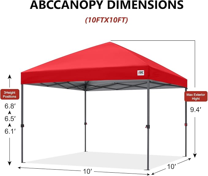 ABCCANOPY 10x10 Pop Up Canopy Tent, Easy Setup Instant Shelter with Wheeled Bag, Heavy Duty Outdoor Canopy for Beach, Market, Backyard, UV Protection, Outdoor Weather Protection (Red, 10x10)
