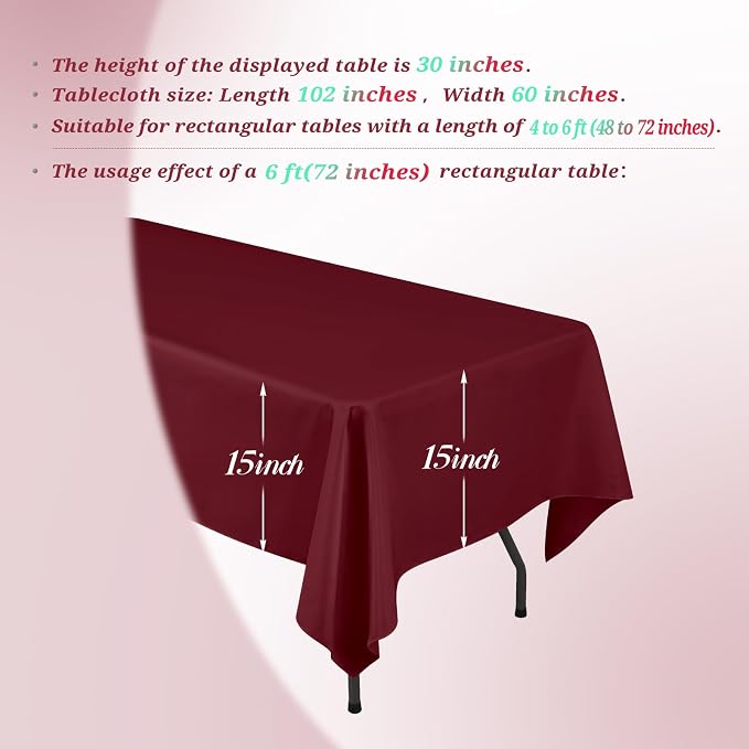 Teruntrue 12 Packs Burgundy Tablecloths 60x102 inch Rectangle Table Cloth for 6 Foot Rectangle Tables, Washable Polyester Fabric for Wedding Parties Banquet Holiday Dinner Table Decorative, Burgundy