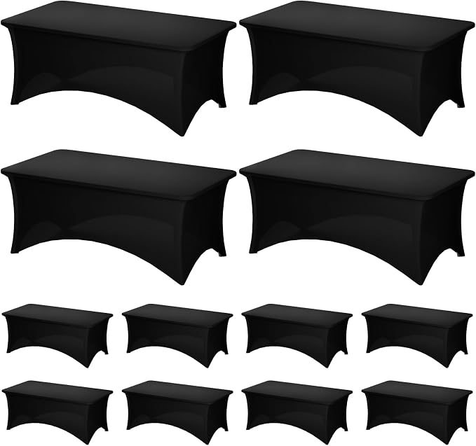 Fixwal 12 Pack Black Tablecloth Rectangle 6Ft, Stretch Spandex Fitted Table Cover for Party, Trade Show, Wedding, Buffet, Graduation, Vendor Stand