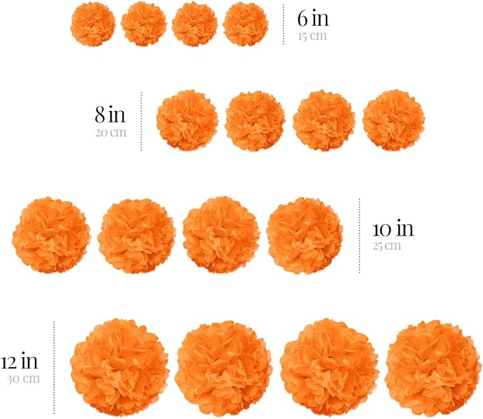 Orange Tissue Paper Pom Poms - Orange Party Decorations for Birthdays, Weddings, Baby Showers and Special Occasions - Marigold Flower Pom Poms by Avoseta (16 Piece Set, Assorted Sizes)