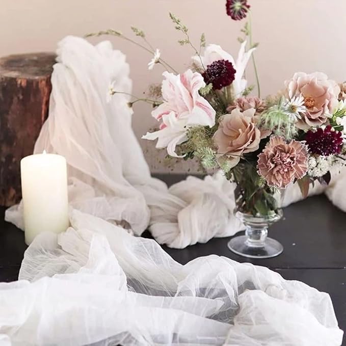 Joanlody Ivory Cheesecloth Table Runner Spring Summer 10Ft Rustic Gauze Boho Cheese Cloth Table Runner for Wedding Bridal Baby Shower Decoration
