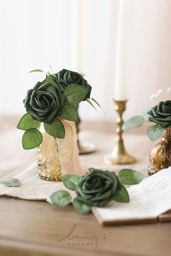 Ling's moment Artificial Flowers 25Pcs Emerald Green Roses Decor w/Stems,3" DIY Foam Floral for Wedding Bouquet/Centerpieces, Outdoors Party Backdrop, Room/Table, and Garden/Pot Decorations