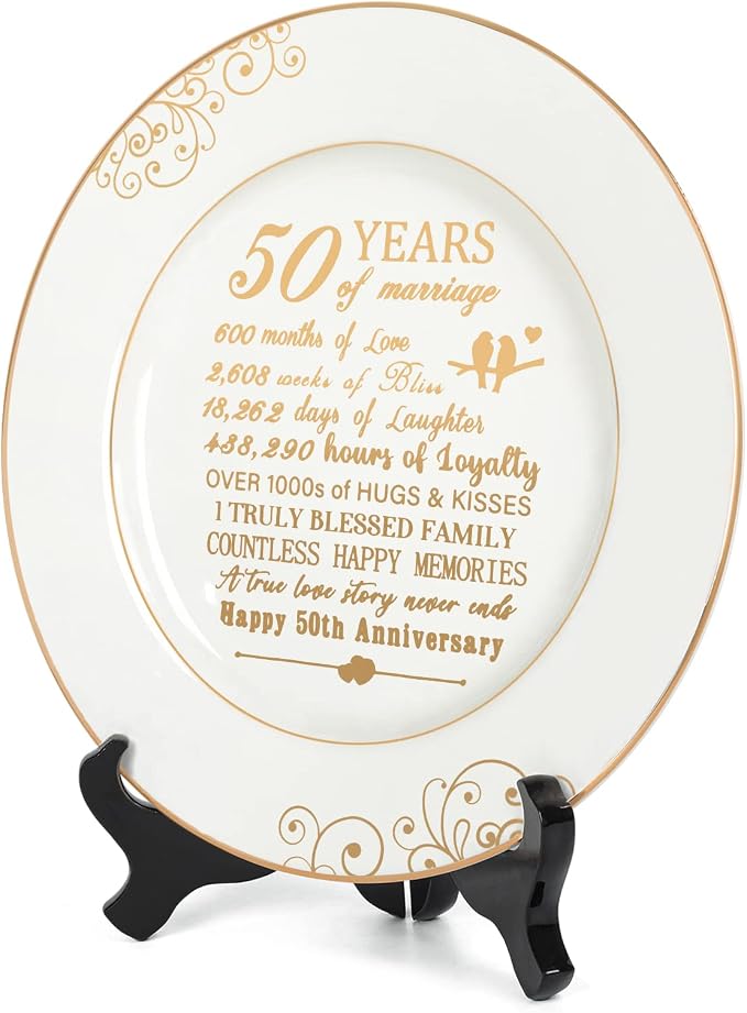 Urllinz 50th Anniversary Plate with 24k Gold Foil - 50 Year Anniversary Wedding Gifts for Couples Parents, Happy Marriage Decorations for Him Her, Ceramic 9"