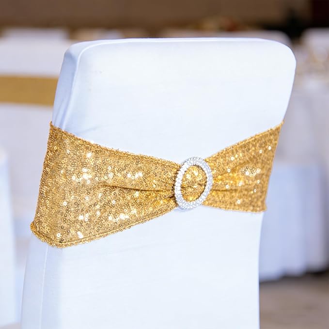 SquarePie Pack of 10 Sequin Chair Sashes Bands Glitter Gold Double-Sided Sequins Stretch Chair Cover Bows with Buckle Slider for Wedding Party Fiesta Banquet Decor