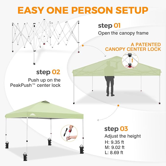 EAGLE PEAK Pop Up Canopy Tent with Wheeled Carry Bag, 8 Stakes, 4 Ropes, 4 Weight Bags, Easy Set Up Tent Canopy, 10x10 ft, 100sqft of Shade, Smoke Green
