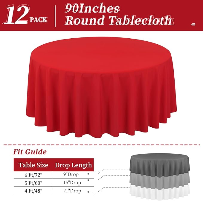 12 Pack Round Tablecloths - 90 Inch, Red Polyester Table Cover, Stain and Wrinkle Resistant Washable Fabric, Perfect for Wedding Banquet Parties