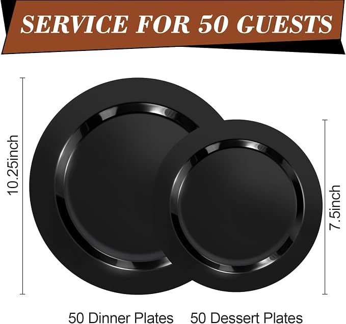 Bestluck 100PCS Black Plastic Plates, Black Disposable Plates for 50 Guests, 50 Dinner Plates 10.25 inch and 50 Dessert Plates 7.5 inch for Party, Graduation, Wedding