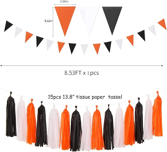 Black White Orange Halloween Party-Decorations - 23pcs Tissue Pom Poms Streamers,Tassel Garland Banner,Graduation 2026 Birthday Wedding Baby Bridal Shower Decor Bunting Lasting Surprise
