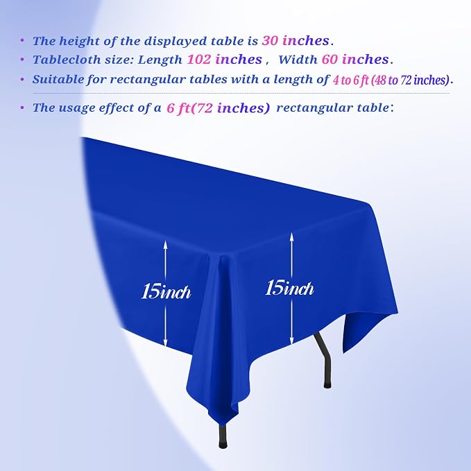 Teruntrue 12 Packs Royal Blue Tablecloths 60x102 inch Rectangle Table Cloth for 6 Foot Rectangle Tables, Washable Polyester Fabric for Wedding Parties Dinner Table Decorative, Royal Blue