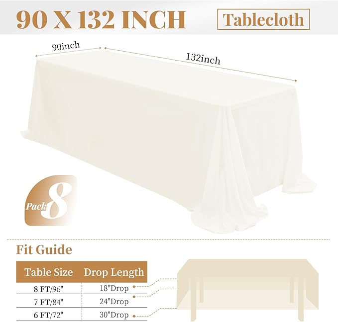 fani 8 Packs 90 x 132 Inch Tablecloth, Ivory Polyester Tables-Cloth for 6ft Rectangle Tables, Stain and Wrinkle Resistant Washable Fabric Table Cover for Wedding Banquets Parties Buffet Dining Table