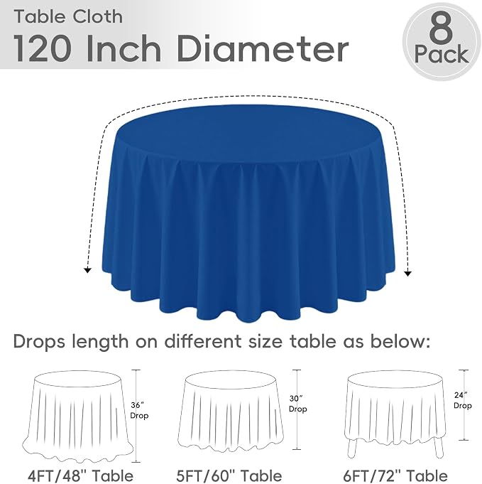 8 Pack Royal Blue Round Tablecloth 120 Inch Cloth Table Cloth for Round Tables, Washable Polyester Table Cloth Stain and Wrinkle Resistant Decorative Table Cover for Wedding Party Dining Banquet