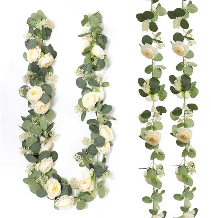 Zerzsy 13Ft Artificial Eucalyptus Garlands with Flowers, Artificial Champagne Rose Garland Vine Decor, Faux Floral Greenery Spring Garland Decorations for Table Home Wedding Mantle Party