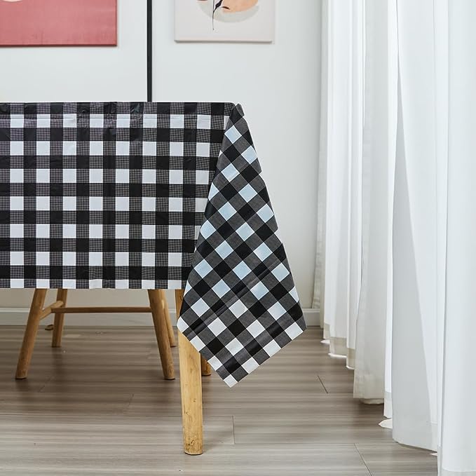 Plastic Tablecloth Roll – 54" x 100' Plastic Tablecloths for Parties Disposable with Cutter Box - Cut to Size Disposable Tablecloth for Rectangle & Round (Gingham-Black)
