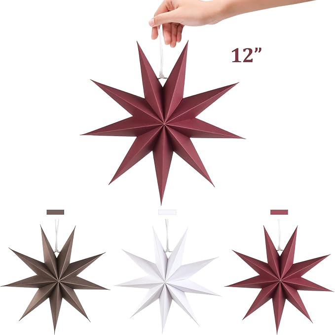 SUNBEAUTY 3 Pcs 9-Pointed Brown Burgundy White Paper Star Lanterns 12 Inch Christmas Hanging Lamp Rustic Paper Decorations Shade Wedding Birthday Christmas Home Party Decorations