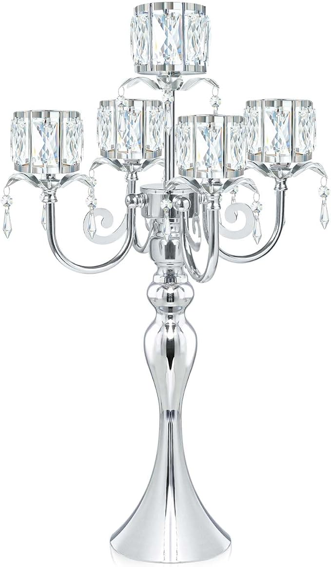1PC Silver 5-Arm Crystal Pendant Metal Candle Holder with Square Crystal Bowl, 22-Inch Tall Wedding Table Centerpiece for Holiday Party Events, Christmas, Birthday Decorations