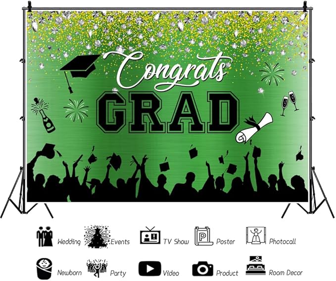 Leowefowa Congrats Grad Graduation Backdrop 10x7ft Green Gold Glitter Graduation Backdrops for Photography Congratulations Graduates Backdrop Banner Grad Prom Party Decor Grad Photo Booth Props