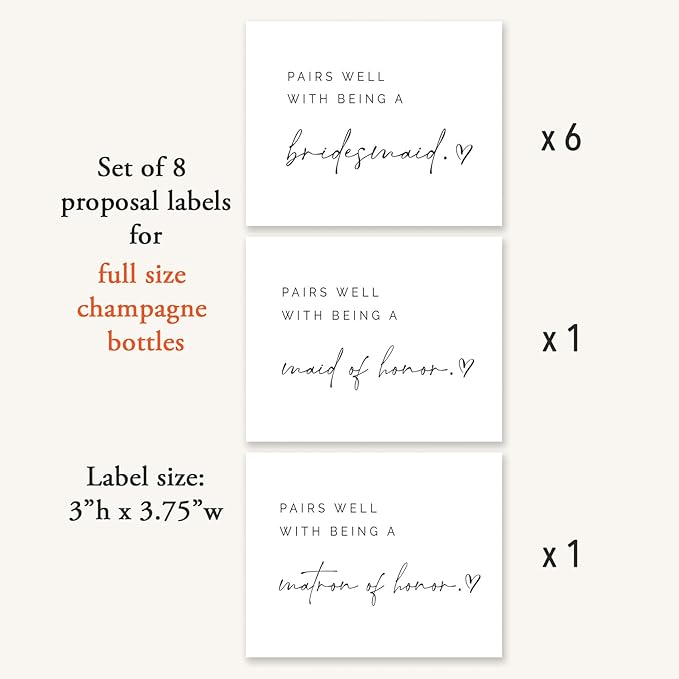 Set of 8 Waterproof Champagne Bottle Labels, Proposal Idea for Bridesmaids, Maid of Honor & Matron of Honor